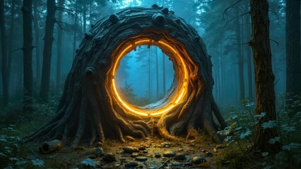 Luminous circular art scene in the forest
