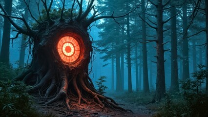 Luminous circular art scene in the forest
