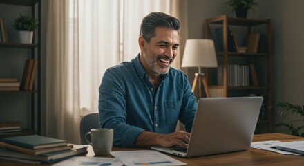 A cheerful middle-aged man working on a laptop in a cozy home office, surrounded by books and a warm atmosphere, with sunlight filtering through curtains, enhancing productivity and comfort