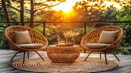 Obraz premium Woven coffee table complementing sunset vibes.