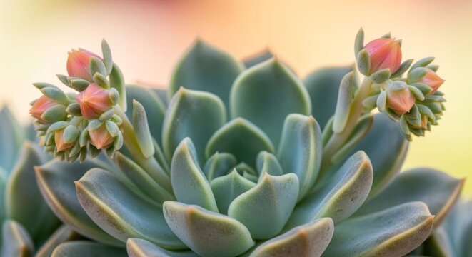 Close-up view of a succulent plant with delicate, light-gray leaves and clusters of pale pink flower buds, showcasing soft light and intricate detail.