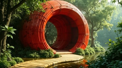 Red circular doorway art scene