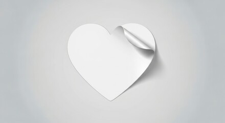 A blank, white heart-shaped sticker with a curled, metallic edge sits on a neutral gray background.