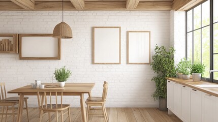 Bright, airy kitchen-dining area with wooden accents and white brick