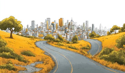 Obraz premium Scenic road winding through a golden hillside, overlooking a city skyline