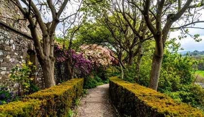 Pathway through a garden with ancient stone walls