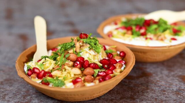 Indian Chaat Dahi Bhalle with Curd and Sweet Sauce on banana leaf with indian backdrop
