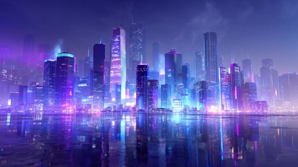 Vibrant futuristic cityscape with colorful lights and reflections