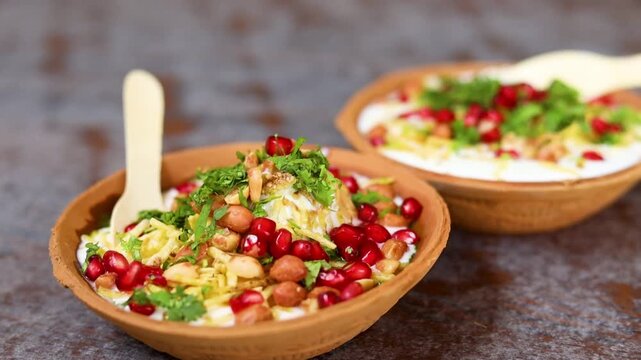 Indian Chaat Dahi Bhalle with Curd and Sweet Sauce on banana leaf with indian backdrop