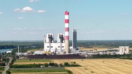 Coal Fired Power Plant Facility, Chimneys and Buildings, Drone Aerial View