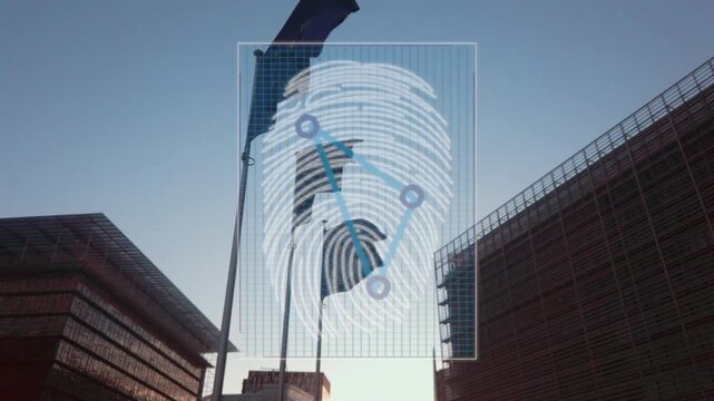 EU flag waving in front of Brussels headquarters with animated fingerprint graphics representing security