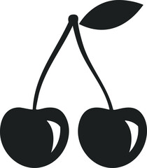 Black silhouette of two cherries with a leaf on a white background