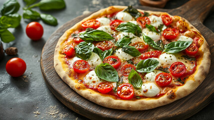 Delicious Margarita Pizza with Fresh Basil and Cherry Tomatoes