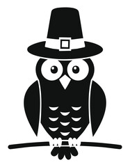 Black Silhouette Owl Wearing Pilgrim Hat On Branch