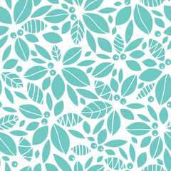 Seamless teal and white floral pattern with repeating leaves and berries