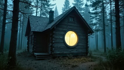 Circular Window Scene of a Forest Cabin