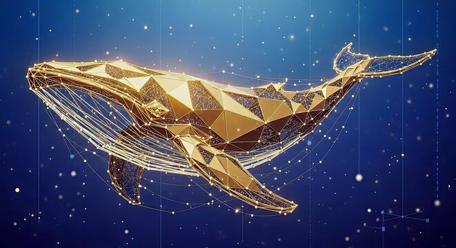 A Majestic Low Poly Geometric Golden Whale Illustration