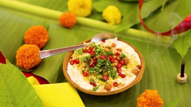 Indian Chaat Dahi Bhalle with Curd and Sweet Sauce on banana leaf with indian backdrop