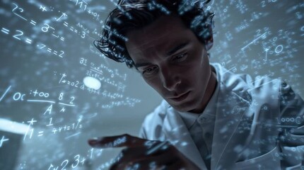 Scientist Interacting with Holographic Equations - Powered by Adobe