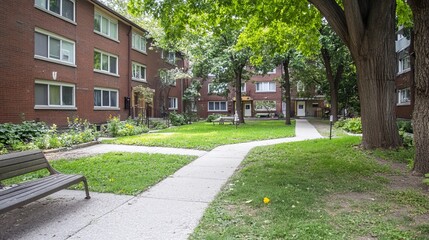 Obraz premium Urban courtyard with brick buildings, lush greenery, and paved pathways