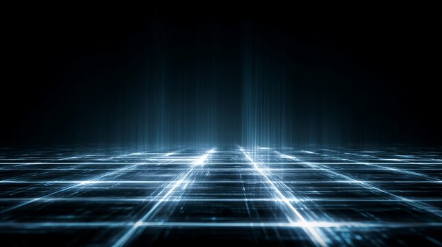 Abstract blue digital grid pattern with futuristic light effects