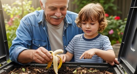 Grandfather and Grandson Composting Together in the Garden.