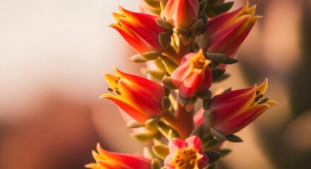 Close-up view of vibrant, reddish-orange succulent blossoms, highlighting the delicate details of their petals and centers.