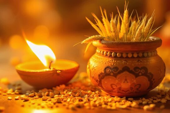 Sacred earthen lamp and wheat shoots illuminate the nine auspicious nights of navratri symbolizing devotion prosperity and spiritual blessings