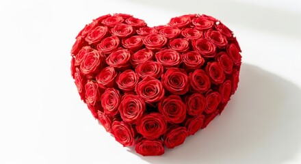 A heart-shaped arrangement of numerous vibrant red roses against a plain white background.