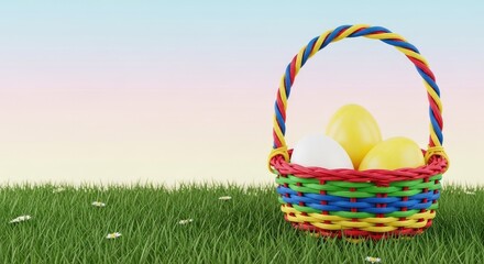 Fototapeta premium Easter basket on green grass with yellow eggs and colorful handle.