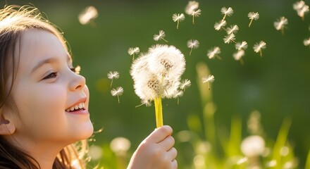 Girl Blowing Dandelion Seeds in Sunny Field.