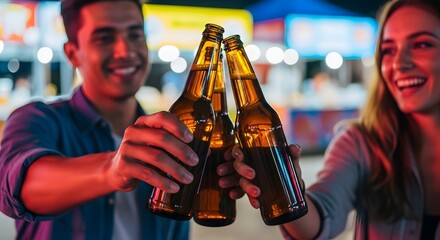 Friends toasting with beer bottles at a fairground.