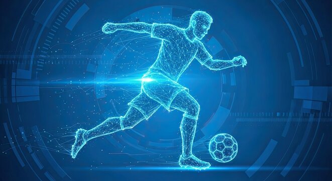 A Futuristic Digital Football Athlete Running on a Blue Backdrop