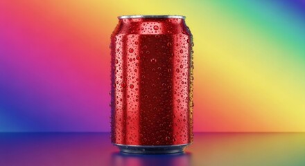 A vibrant red metal can, covered in condensation, is presented against a spectrum of colors.