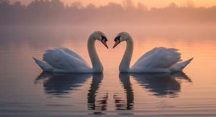 Fototapeta premium Two white swans facing each other in calm water at sunrise