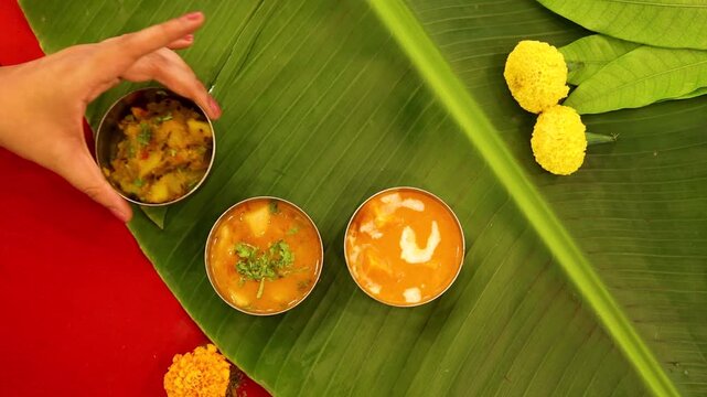 Navratri Upwas Thali  Fasting food platter on banana leaf background