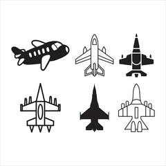Collection of hand drawn black and white airplane icons and silhouettes on a white background