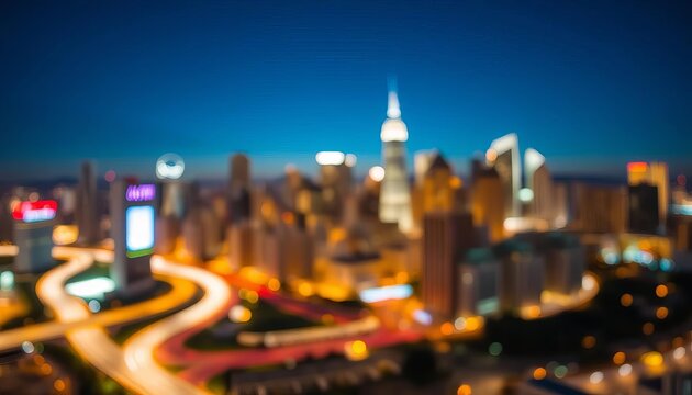 Blurred city skyline at night, glowing lights,  color, city