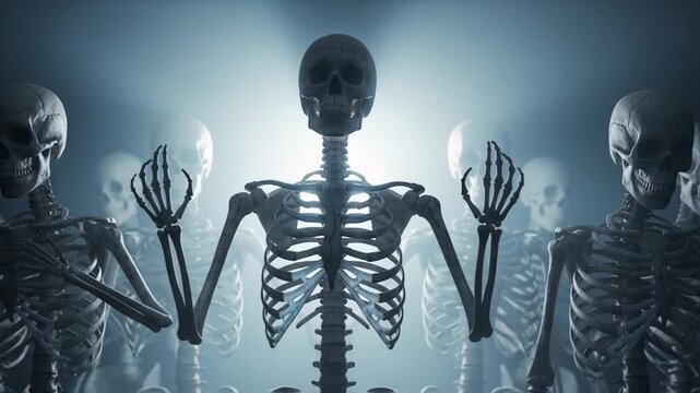 Skeletons dancing in a dark, atmospheric setting with dramatic lighting, creating an eerie and spooky ambiance for Halloween-themed concepts and decorations