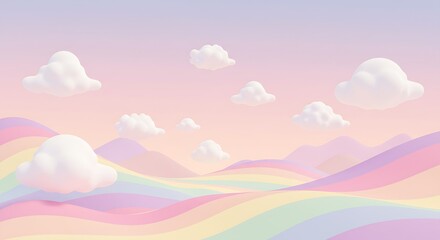 Pastel paradise a whimsical 3d landscape with fluffy clouds, rainbow hills, and a dreamy gradient sky, perfect for childrens illustrations