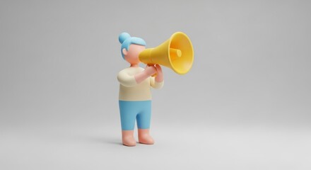 A stylized, cartoon character figure holding a yellow megaphone, set against a plain, light gray backdrop, exuding a bright and cheerful mood.