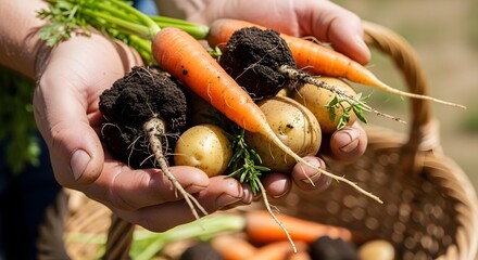 Freshly Harvested Carrots and Potatoes in Hands.