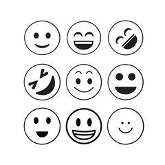 Collection of nine hand drawn smiley face emojis expressing various emotions and happiness