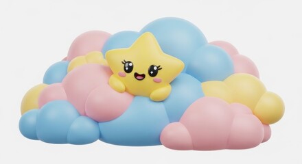 A cheerful star rests comfortably amidst a collection of pastel-colored clouds.