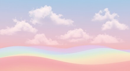 Serene pastel landscape a dreamy gradient sky with fluffy clouds over rainbow hills, creating a calming and whimsical background scene