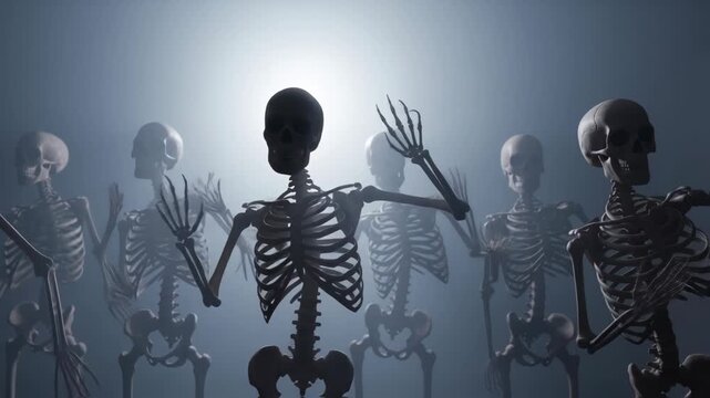 Skeletons dancing in a dark, atmospheric setting with dramatic lighting, creating an eerie and spooky ambiance for Halloween-themed concepts and decorations