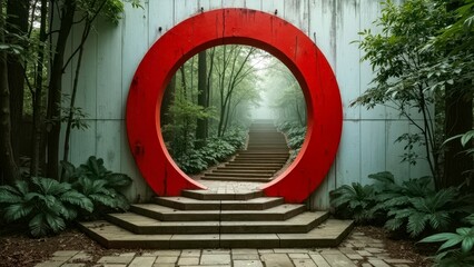 Red circular doorway art scene