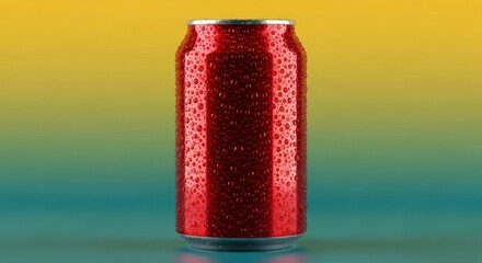 A vibrant red soda can, covered in condensation, is presented against a gradient background of yellow and teal.
