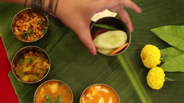 Navratri Upwas Thali  Fasting food platter on banana leaf background