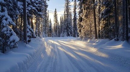 Snowy winter trail through a sunlit forest